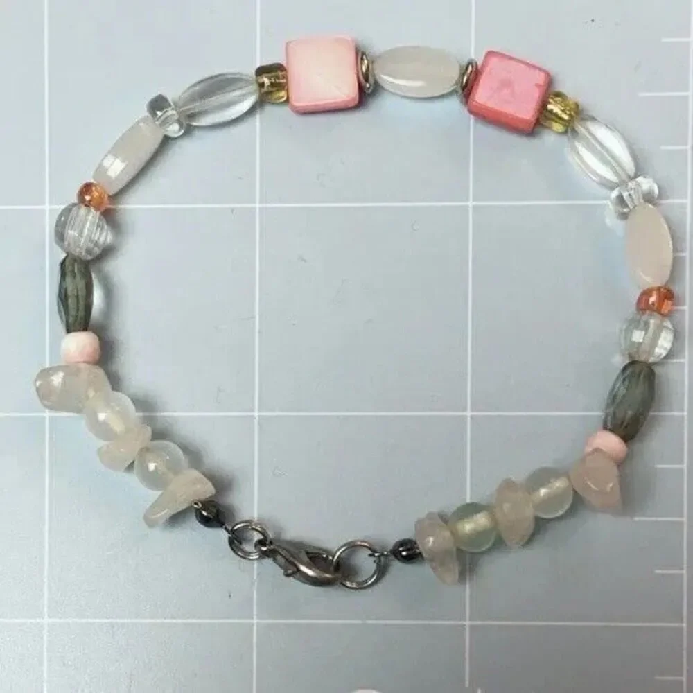 Handmade Bracelet Beaded Glass Quartz Crystals Plastic Mixed Beads White Peach